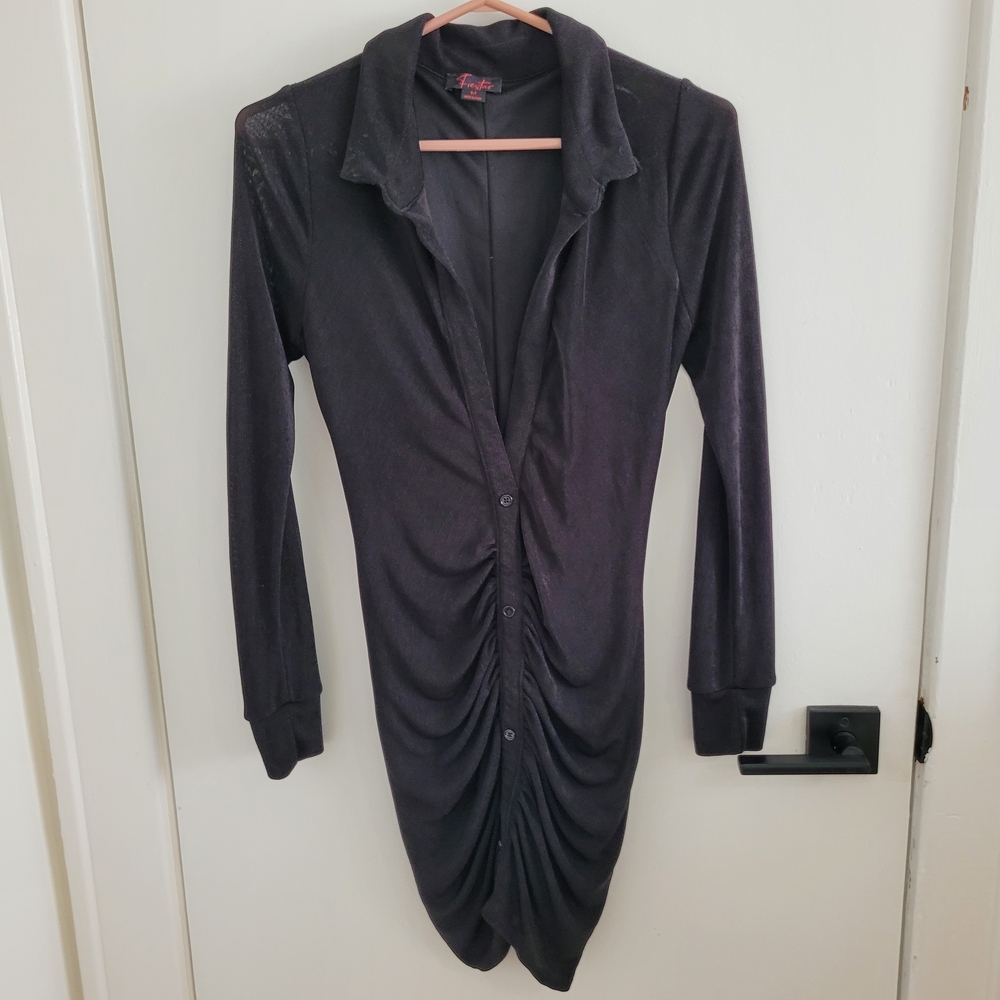 Ruched Long Sleeve Black Dress